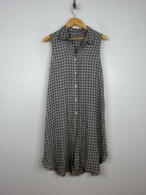 Linen Dress Womens XL Gray Blue Polka Dot Sleeveless Shirtdress Made in Italy